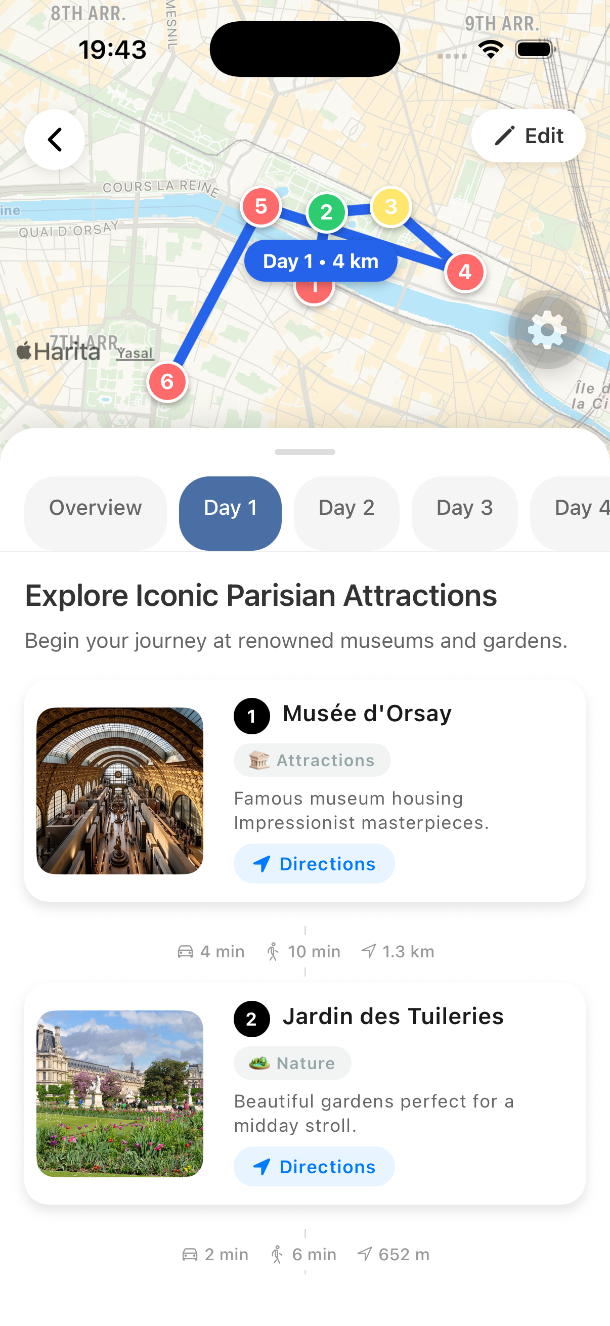 Trip details with map and day itinerary